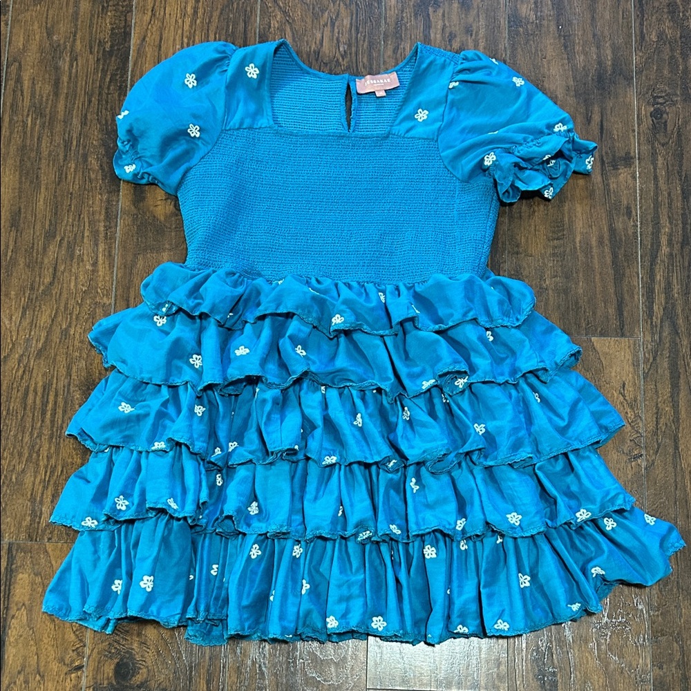 JessaKae Blue Ruffled Dress with Floral Details